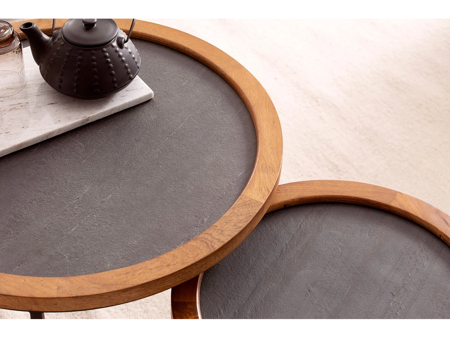 Couchtisch Wohnzimmertisch 2er Set Rund Holz / Steinoptik Satztisch