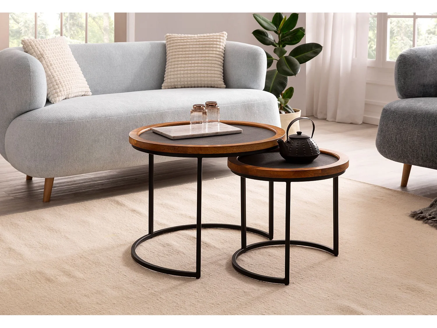 Couchtisch Wohnzimmertisch 2er Set Rund Holz / Steinoptik Satztisch