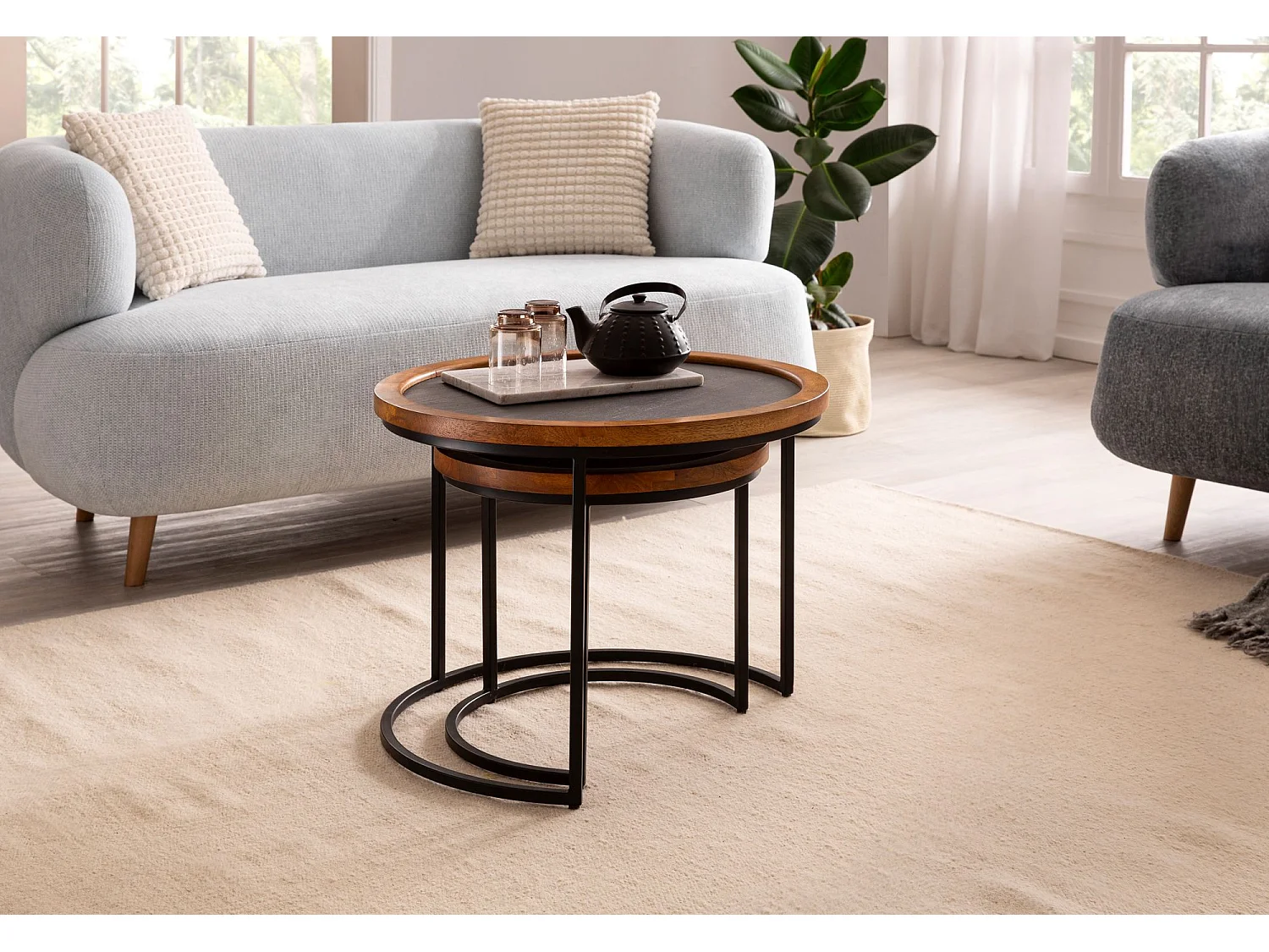 Couchtisch Wohnzimmertisch 2er Set Rund Holz / Steinoptik Satztisch