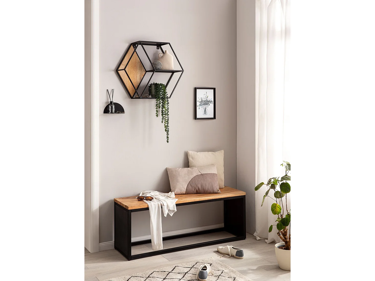 Banc en Aspect Pierre 120 cm Bois Massif Banc Banquette Couloir Noir