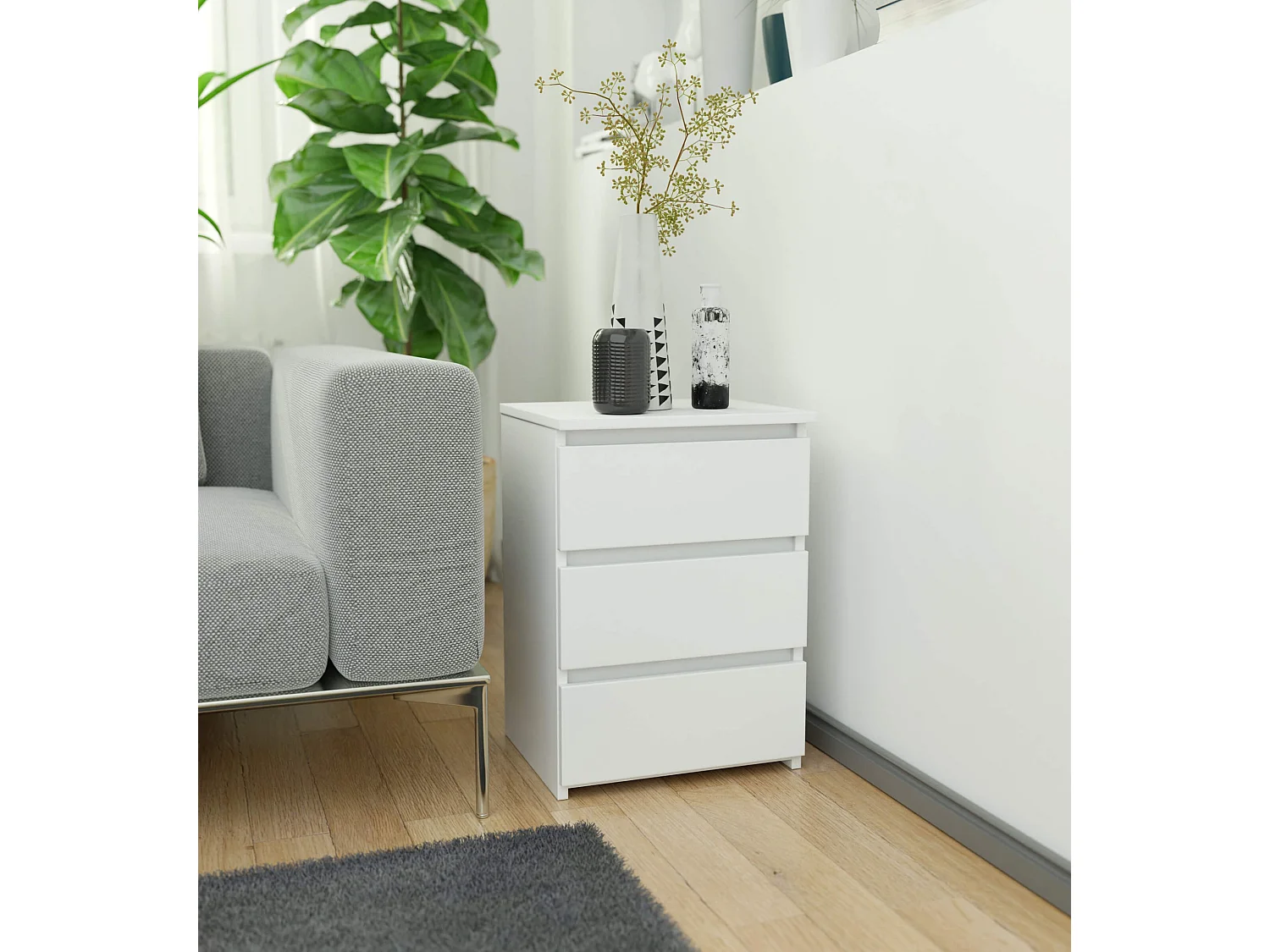 Nachttisch in minimalistischer Optik AKORD CL3 in der Farbe Weiß mit 3 Schubladen B40 x H57 x T35 cm