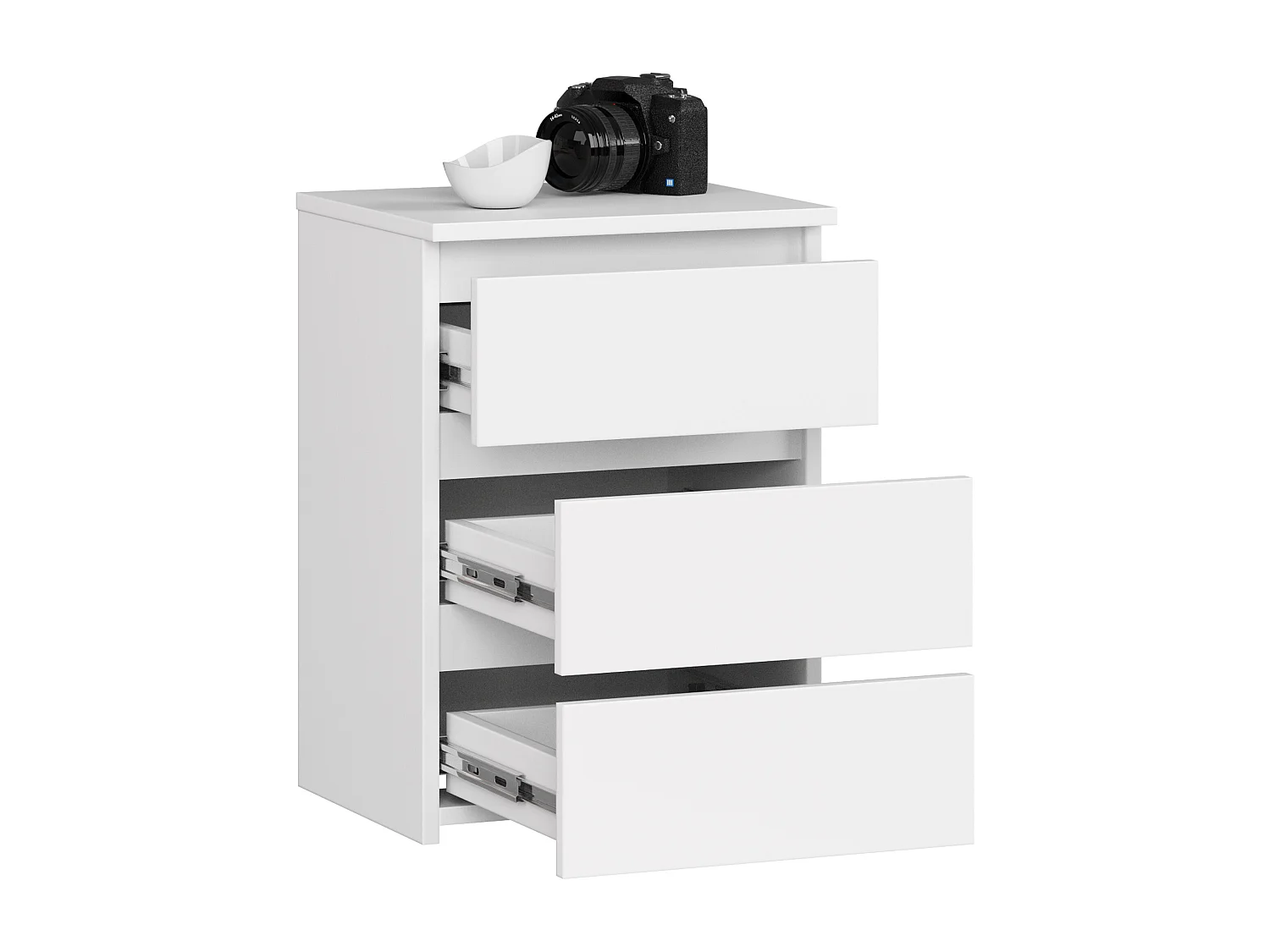 Nachttisch in minimalistischer Optik AKORD CL3 in der Farbe Weiß mit 3 Schubladen B40 x H57 x T35 cm