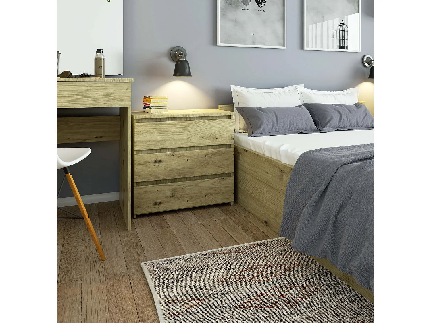 Mesita de noche AKORD CL3 Roble Artisan 60 cm 3 cajones frente en color Roble Artisan 60x35x57 cm