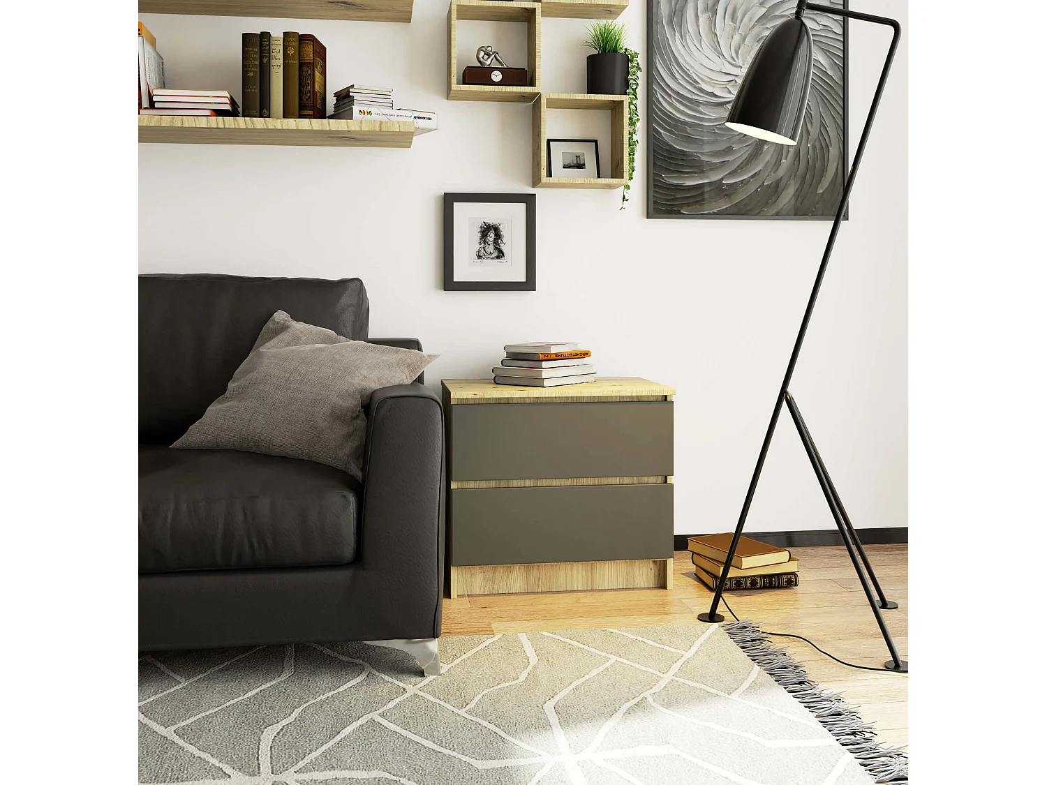 Ladekast 60cm met 2 Lades - Zelfmontage, Mat Artisan & Grijs Finish - Meubel met Ladeblokkering