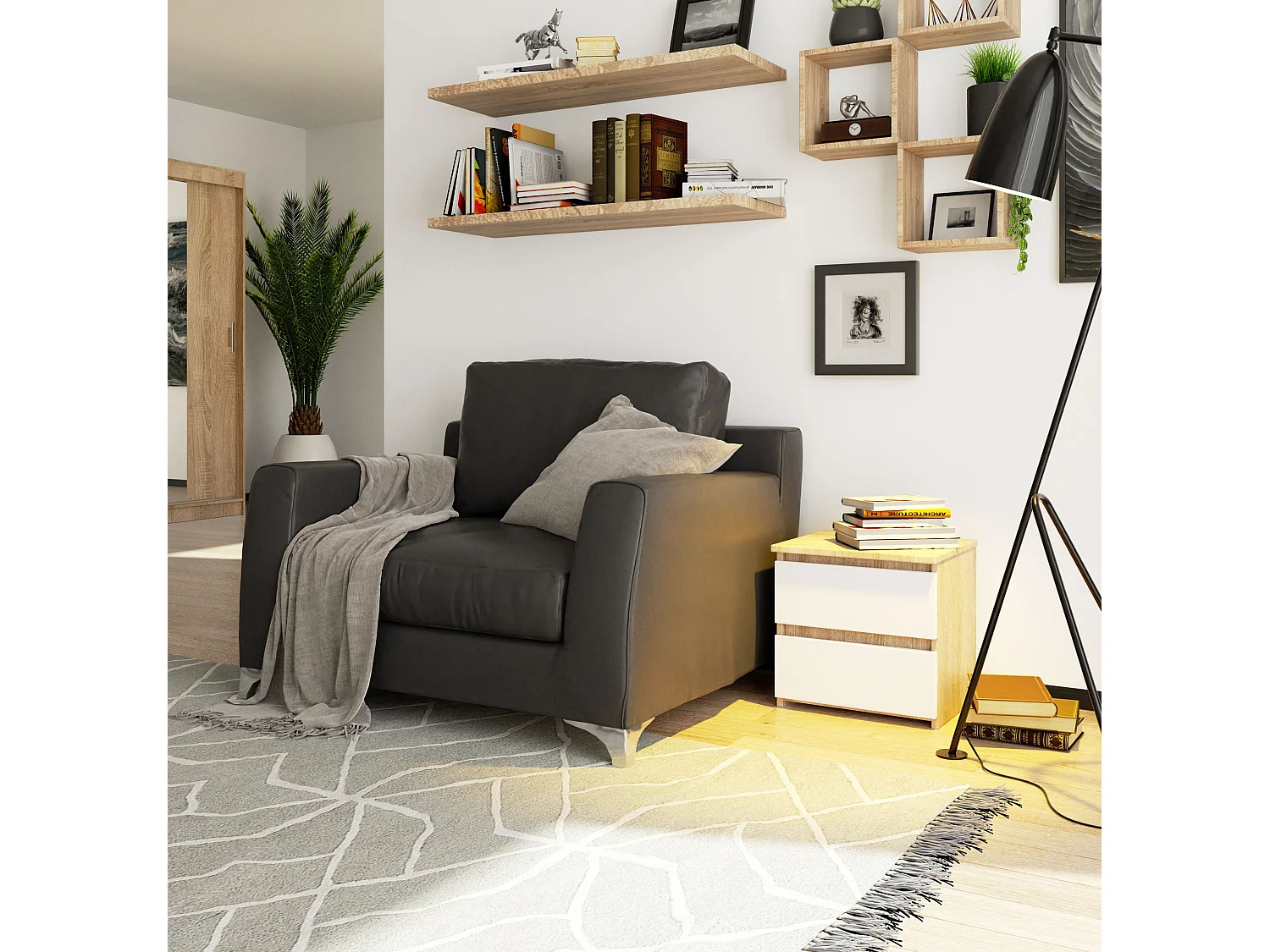 Comodino AKORD CL2 Sonoma Quercia 40 cm 2 cassetti inserto frontale Bianco 40x35x40 cm