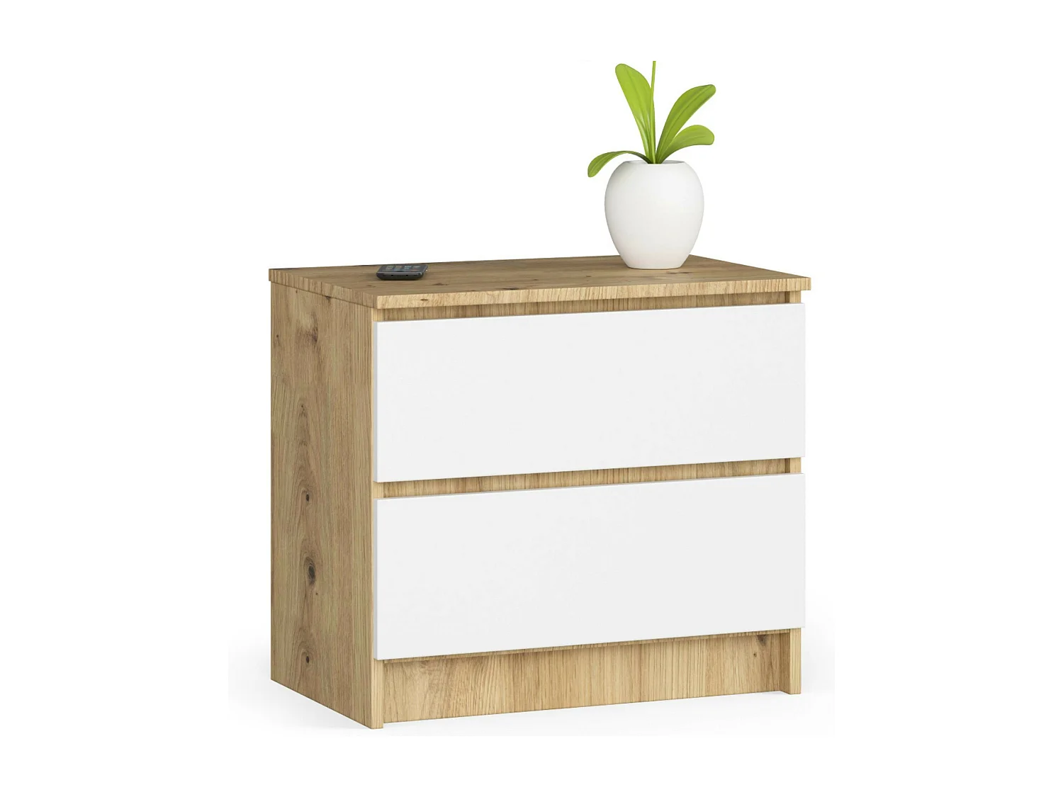 Nachttisch in minimalistischer Optik AKORD K60 in der Farbe Eiche Artisan mit 2 Schubladen Front Weiß B60 x H55 x T40 cm
