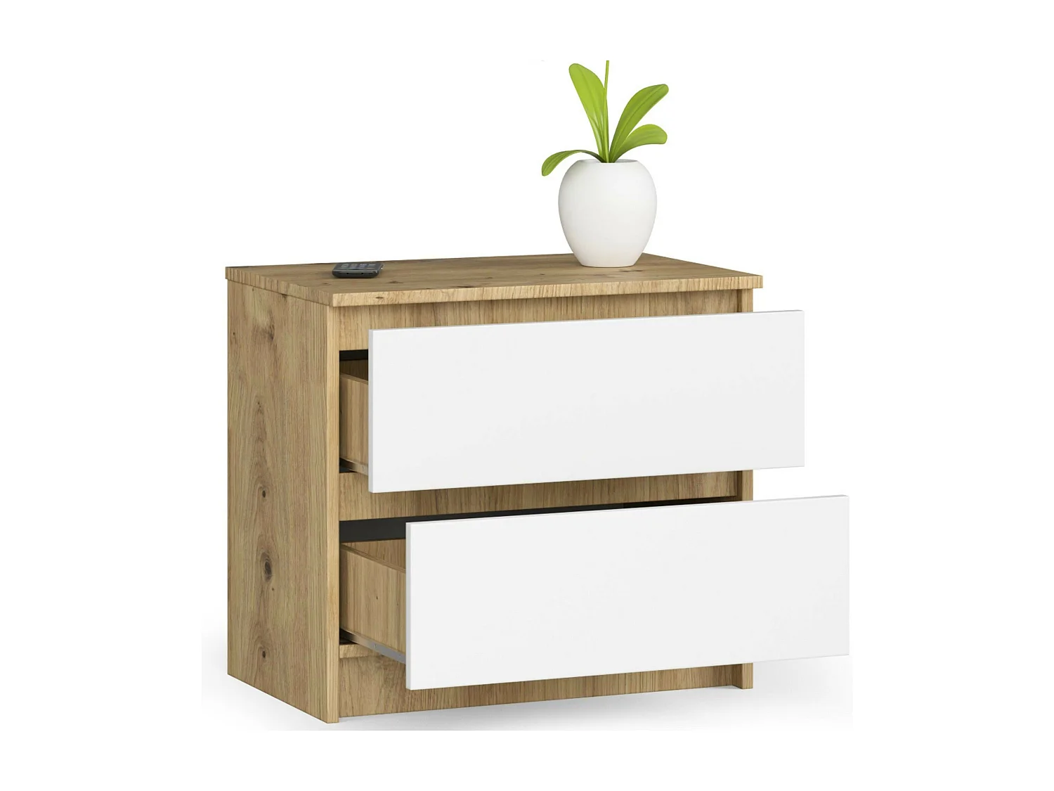 Nachttisch in minimalistischer Optik AKORD K60 in der Farbe Eiche Artisan mit 2 Schubladen Front Weiß B60 x H55 x T40 cm