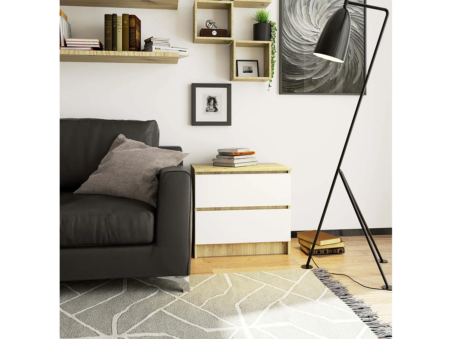 Nachttisch in minimalistischer Optik AKORD K60 in der Farbe Eiche Artisan mit 2 Schubladen Front Weiß B60 x H55 x T40 cm