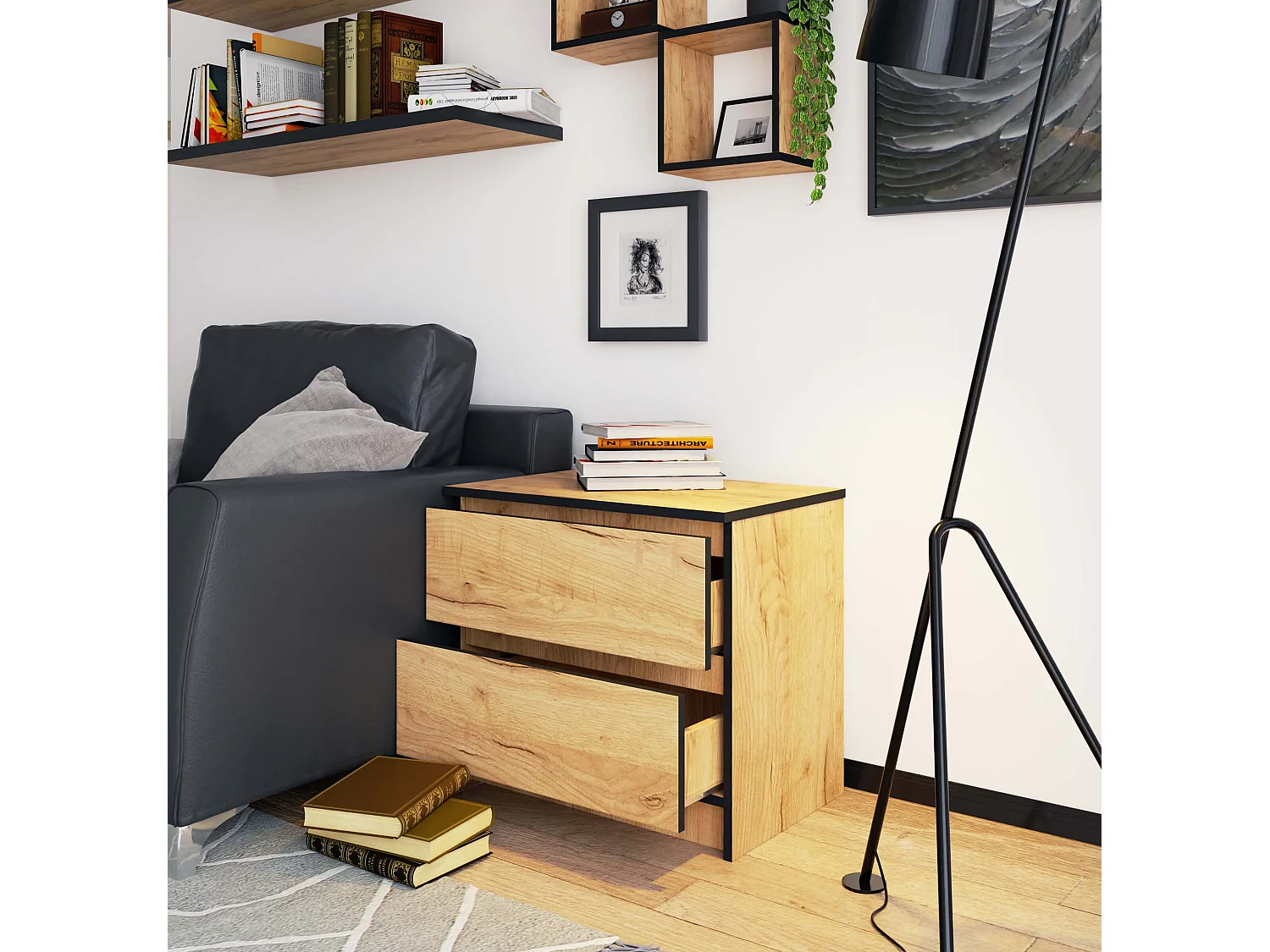 Szafka nocna AKORD K60 Dąb Craft 60 cm 2 szuflady kolor Dąb Craft mat 60x40x55 cm