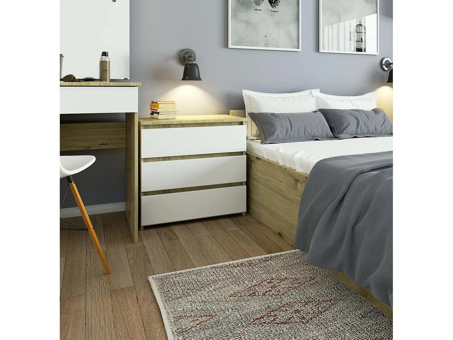 Table de chevet AKORD CL3 Chêne Artisan 60 cm 3 tiroirs façade Blanche 60x35x57 cm