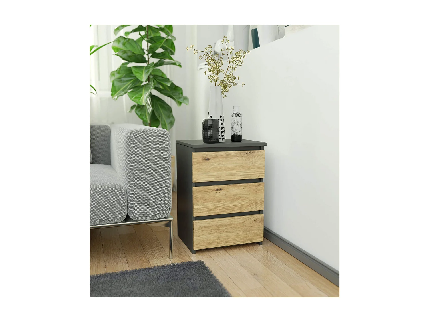 Nachttisch in minimalistischer Optik AKORD CL3 in der Farbe Graphitgrau mit 3 Schubladen Front Eiche Artisan B40 x H57 x T35 cm