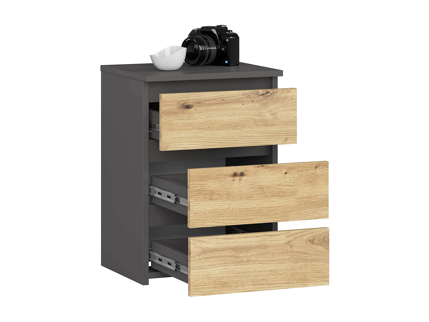 Nachtkastje CL3/40 met 3 Lades / AKORD Furniture Factory / Grafietgrijs - Eiken / 40 x 57 x 35 cm