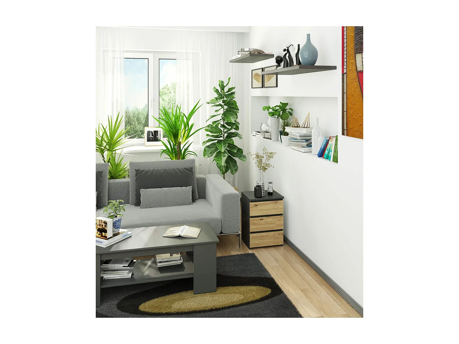 Table de chevet AKORD CL3 Gris Graphite 40 cm 3 tiroirs façade Chêne Artisan 40x35x57 cm