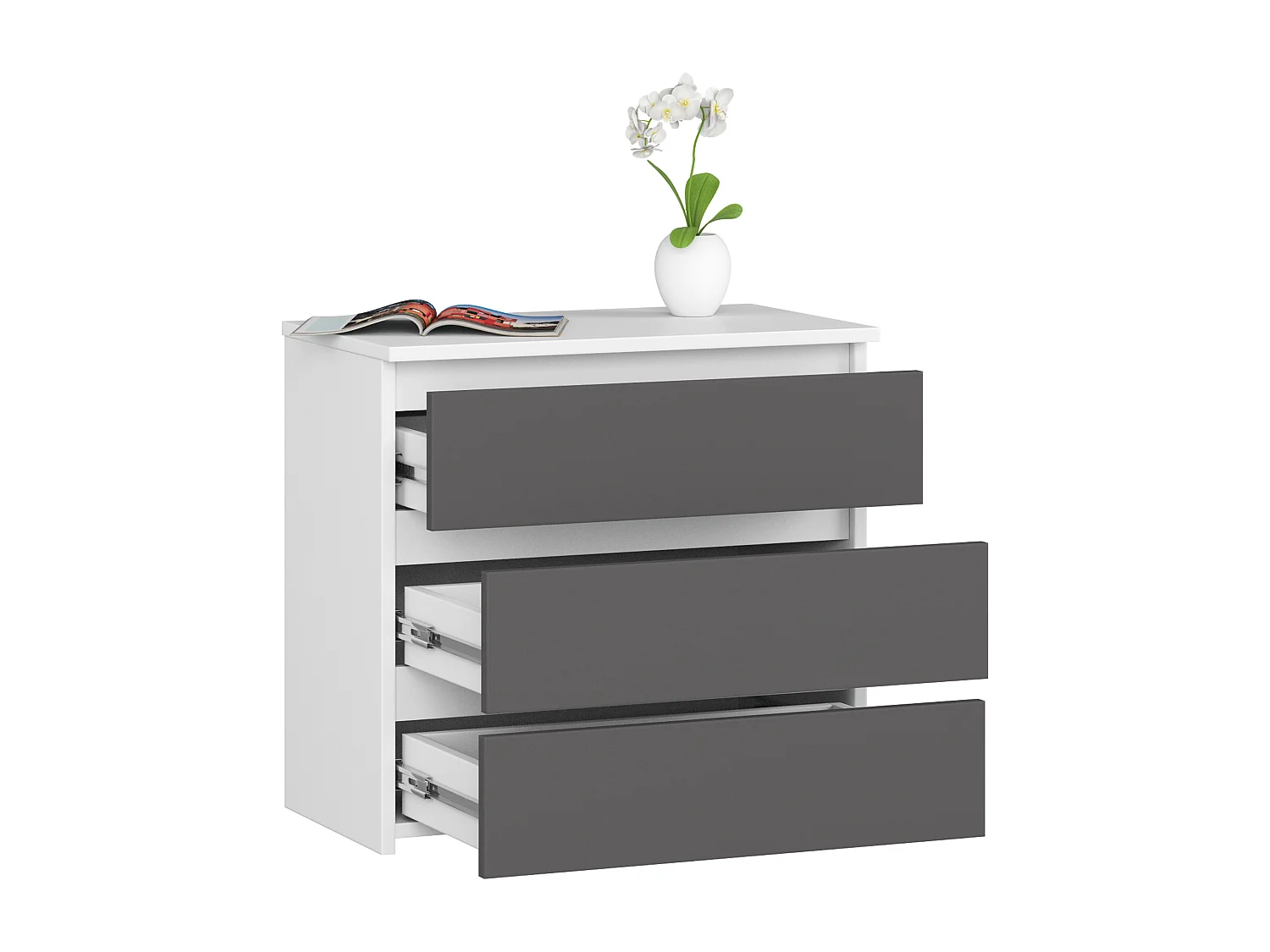 Nachtkastje CL3 met 3 Lades / AKORD Furniture Factory / Wit - Grafietgrijs / 60 x 57 x 35 cm
