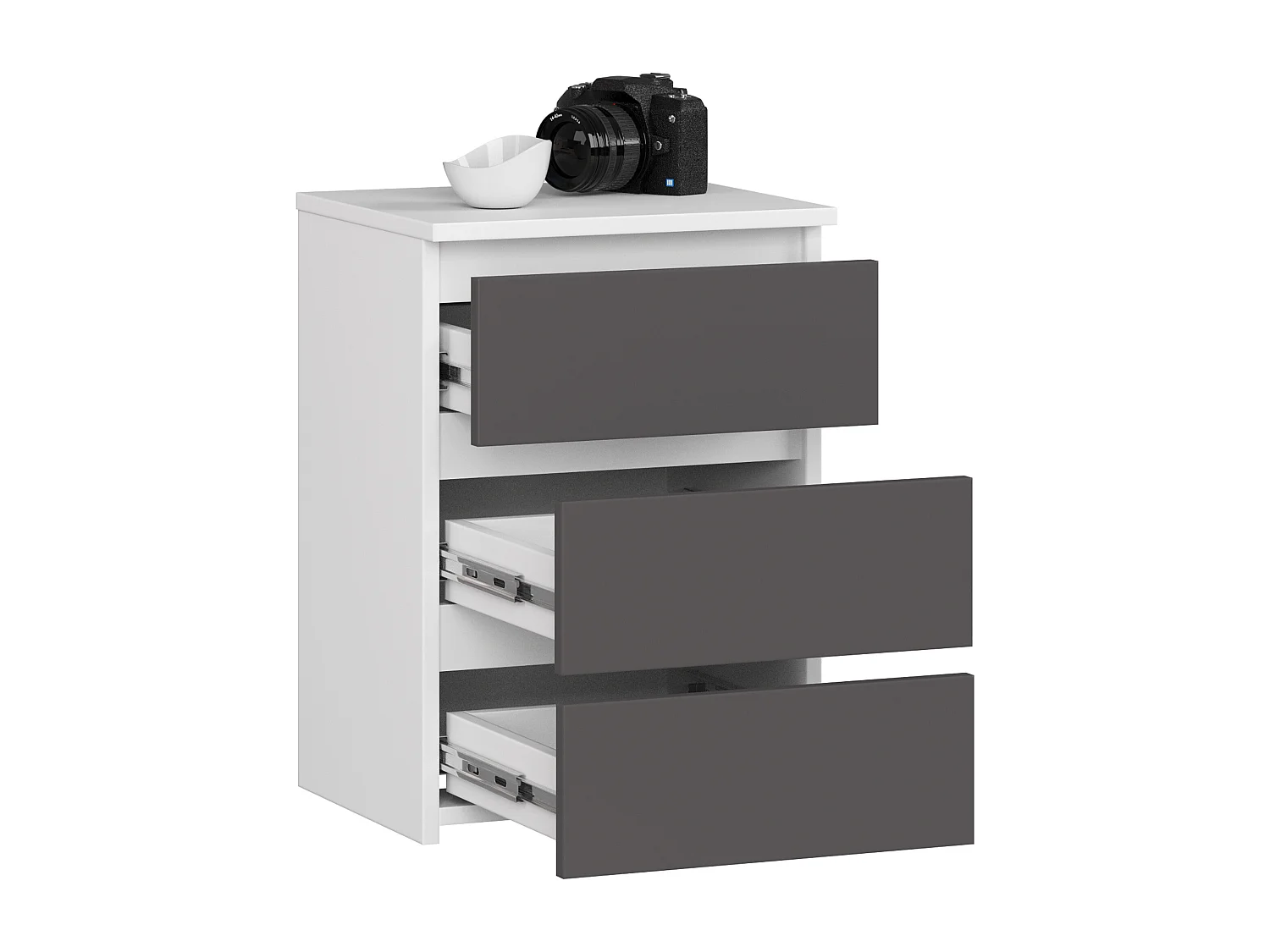 Nachtkastje CL3/40 met 3 Lades / AKORD Furniture Factory / Wit - Grafietgrijs / 40 x 57 x 35 cm
