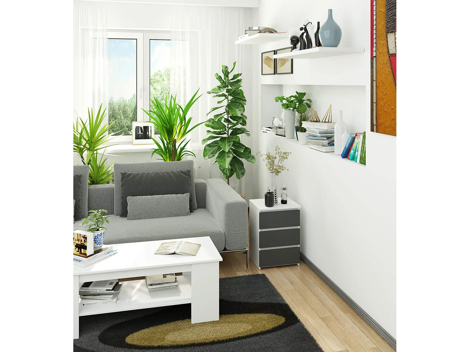 Table de chevet AKORD CL3 Blanche 40 cm 3 tiroirs façade Gris Graphite 40x35x57 cm