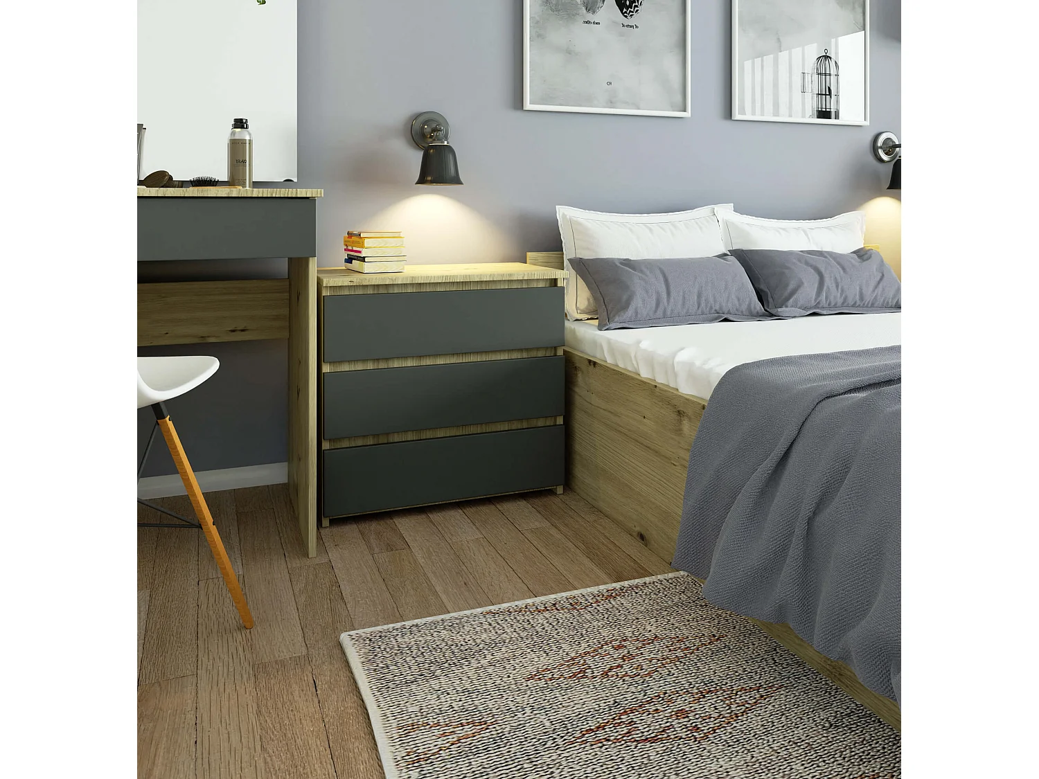 Comodino AKORD CL3 Quercia Artisan 60 cm 3 cassetti inserto frontale Grigio Grafite 60x35x57 cm