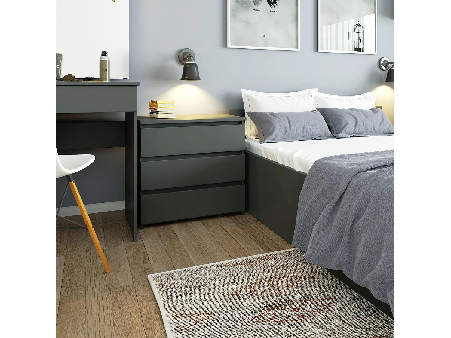 Nachtkastje CL3 met 3 Lades / AKORD Furniture Factory / Grafietgrijs / 60 x 57 x 35 cm