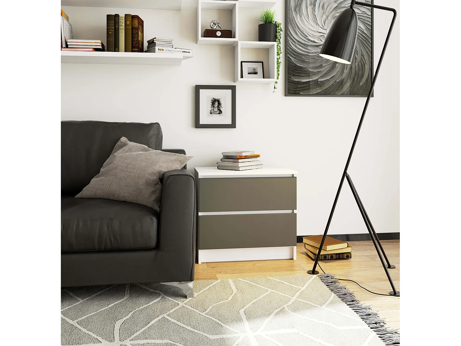 Comodino AKORD K60 Bianca 60 cm 2 cassetti inserto frontale Grigio Grafite 60x40x55 cm