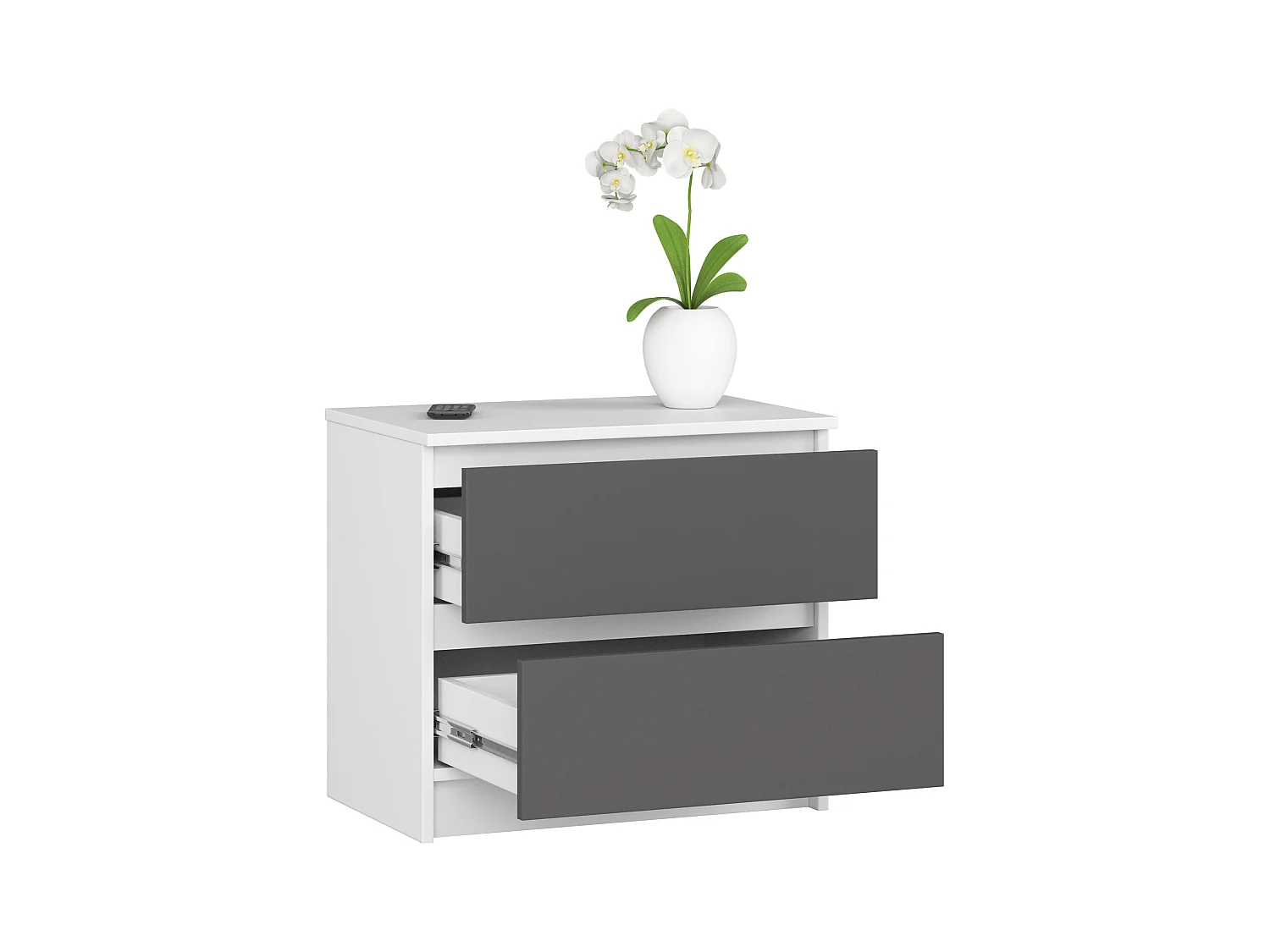 Nachttisch in minimalistischer Optik AKORD K60 in der Farbe Weiß mit 2 Schubladen Front Graphitgrau B60 x H55 x T40 cm