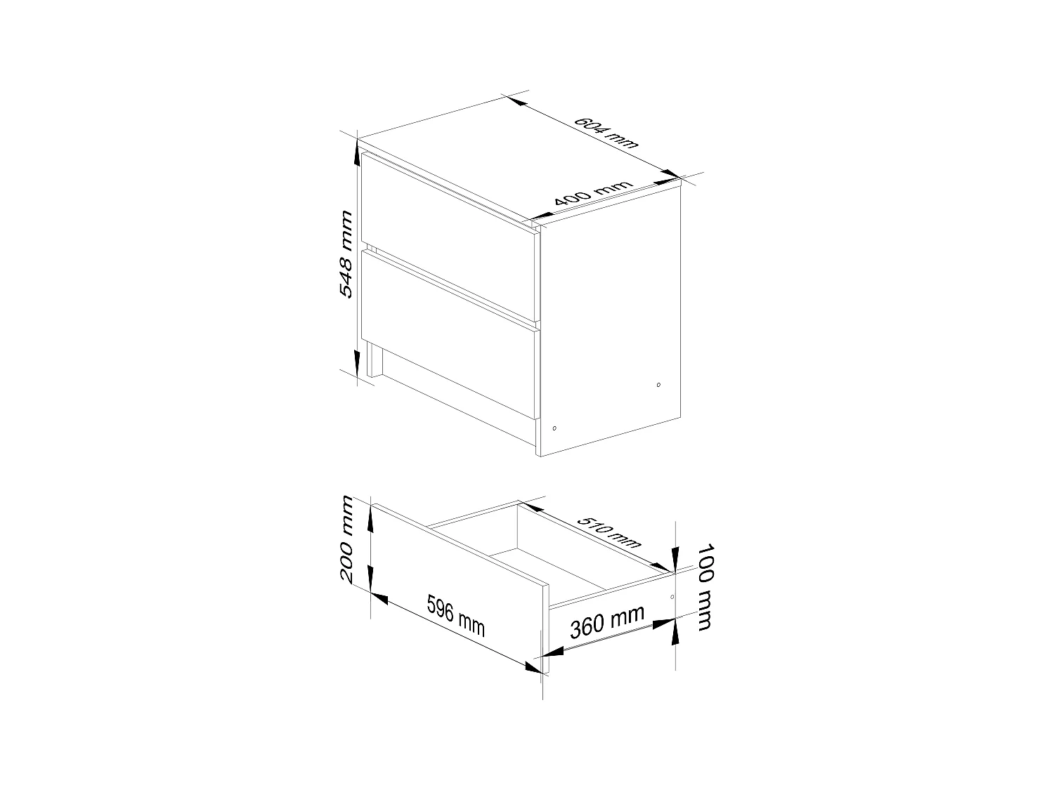Nachttisch in minimalistischer Optik AKORD K60 in der Farbe Weiß mit 2 Schubladen Front Graphitgrau B60 x H55 x T40 cm