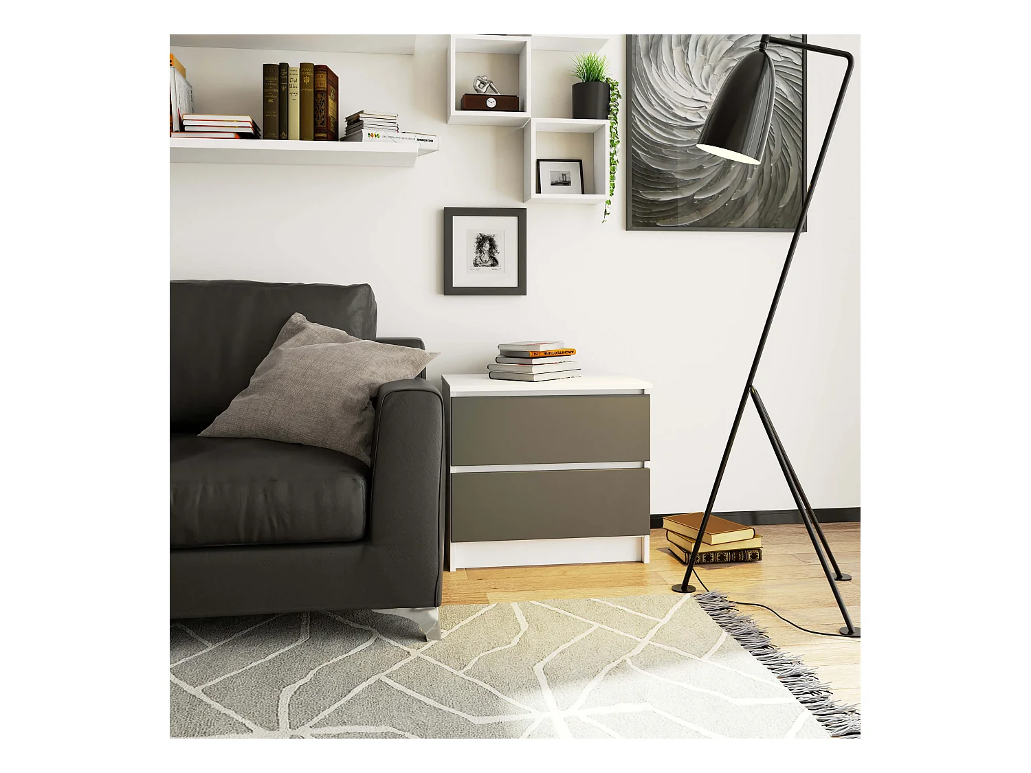Nachttisch in minimalistischer Optik AKORD K60 in der Farbe Weiß mit 2 Schubladen Front Graphitgrau B60 x H55 x T40 cm