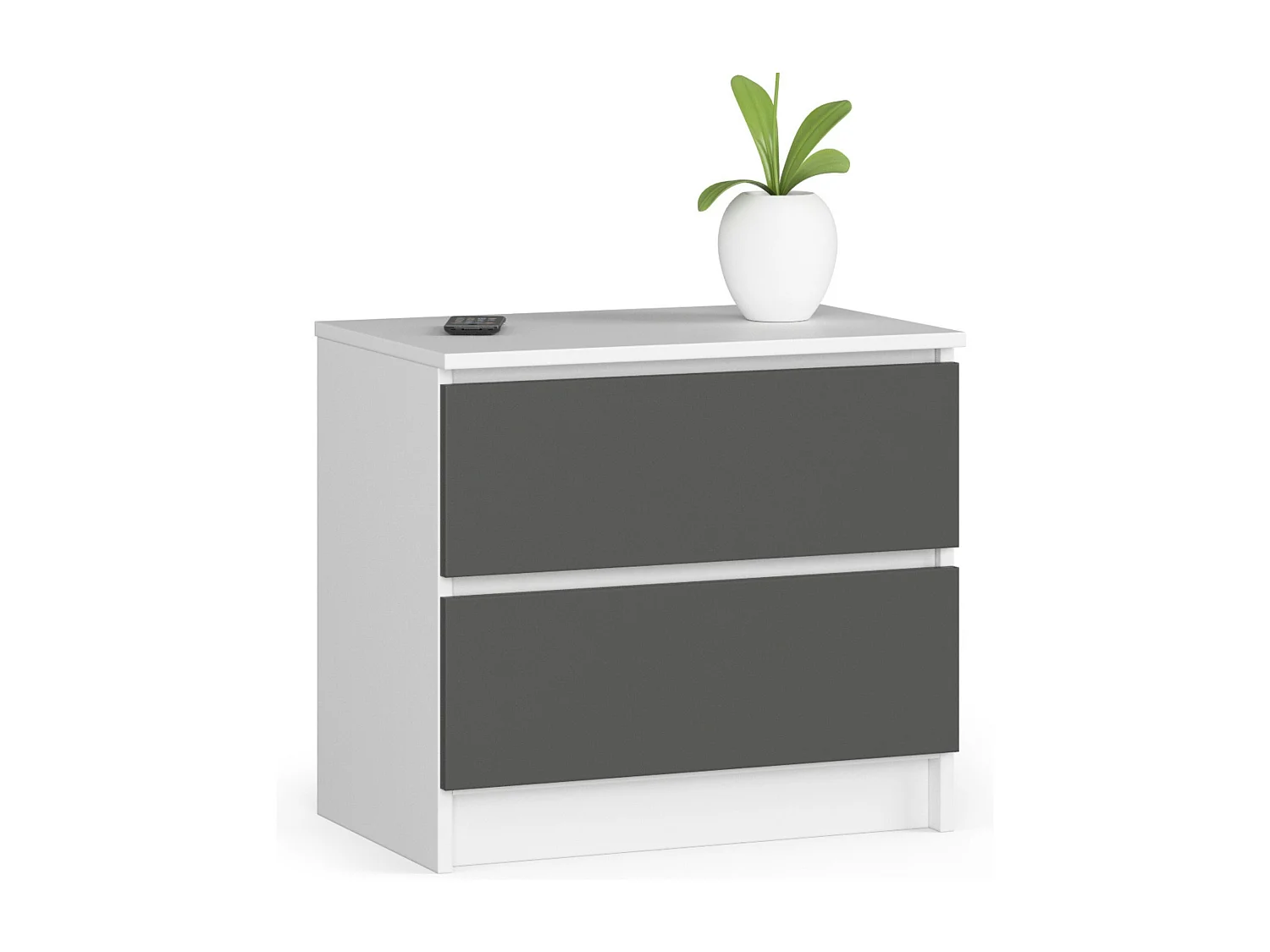 Nachttisch in minimalistischer Optik AKORD K60 in der Farbe Weiß mit 2 Schubladen Front Graphitgrau B60 x H55 x T40 cm