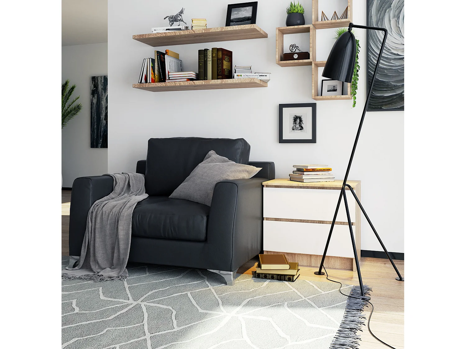 Nachttisch in minimalistischer Optik AKORD K60 in der Farbe Sonoma-Eiche mit 2 Schubladen Front Weiß B60 x H55 x T40 cm