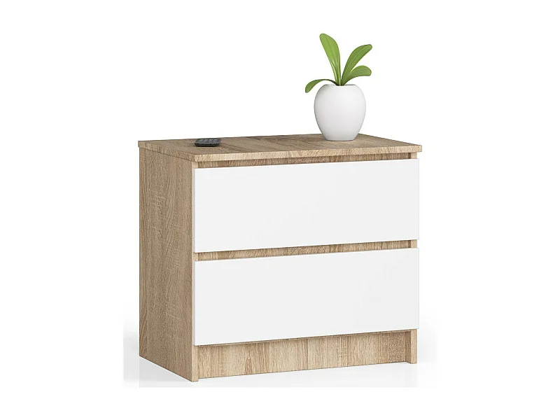 Table de chevet AKORD K60 Chêne Sonoma 60 cm 2 tiroirs façade Blanche 60x40x55 cm