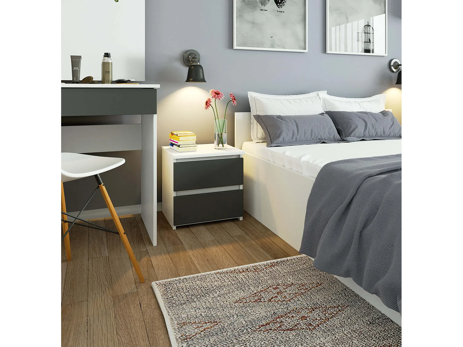 Mesita de noche AKORD CL2 Blanco 40 cm 2 cajones frente en color Grafito Gris 40x35x40 cm