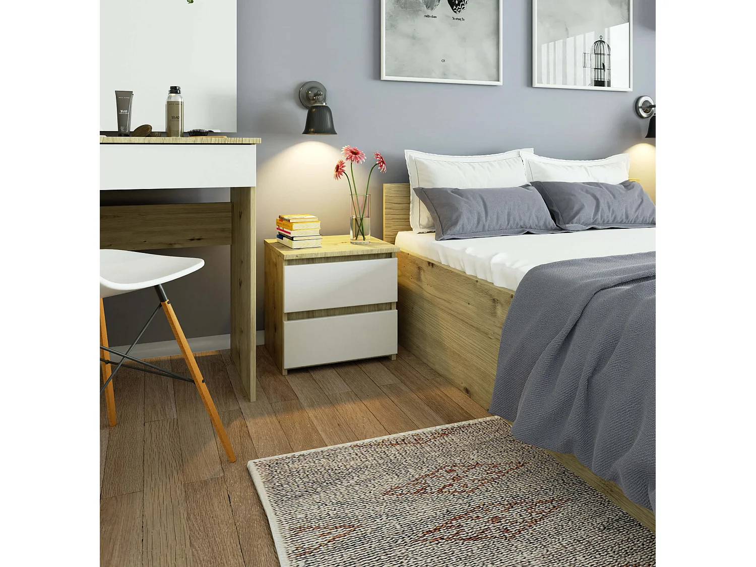 Comodino AKORD CL2 Quercia Artisan 40 cm 2 cassetti inserto frontale Bianco 40x35x40 cm