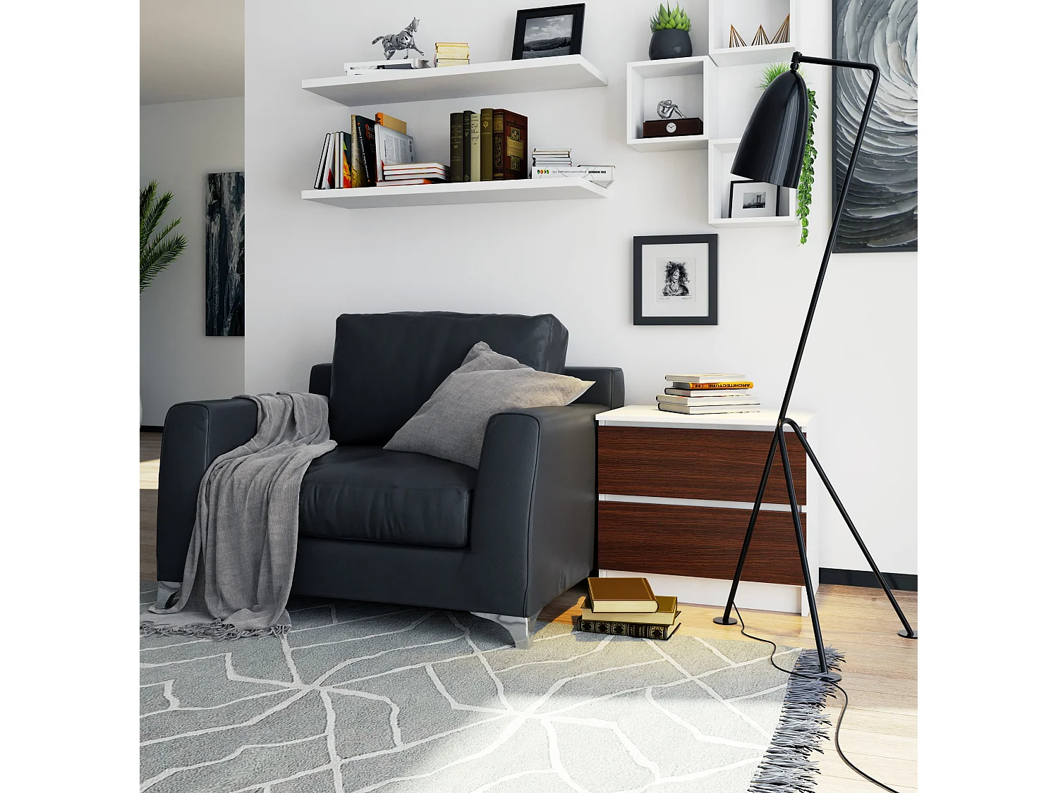 Table de chevet AKORD K60 Blanche 60 cm 2 tiroirs façade Wengé 60x40x55 cm