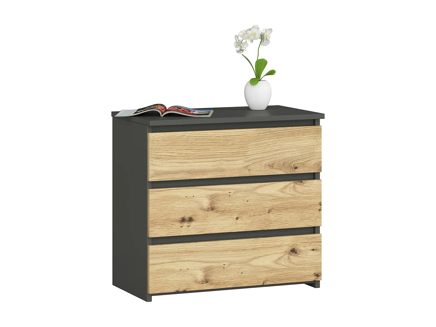 Nachtkastje CL3 met 3 Lades / AKORD Furniture Factory / Grafietgrijs - Eiken / 60 x 57 x 35 cm