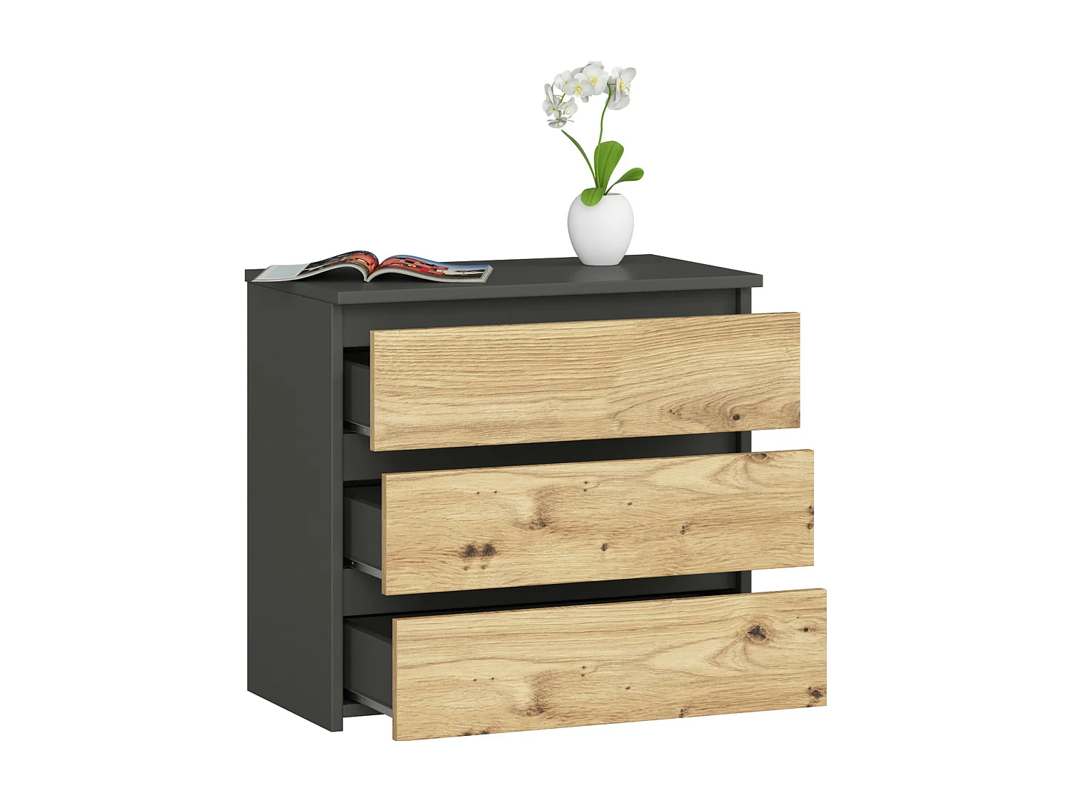 Nachtkastje CL3 met 3 Lades / AKORD Furniture Factory / Grafietgrijs - Eiken / 60 x 57 x 35 cm