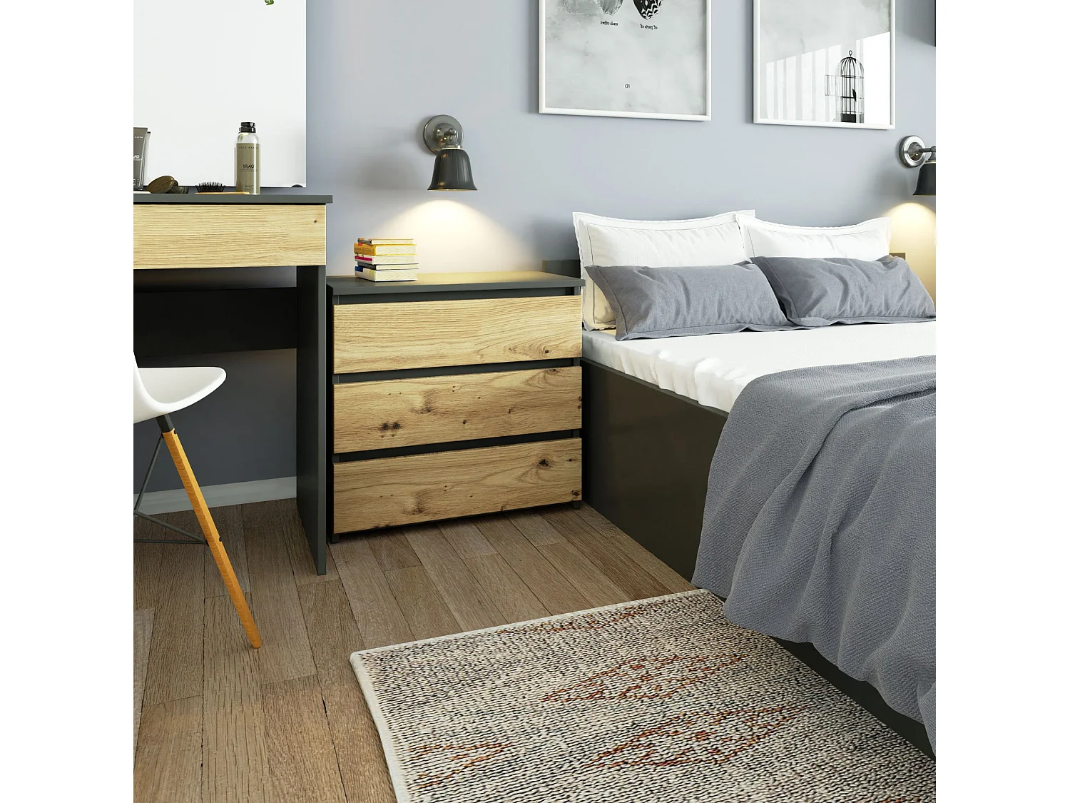 Nachtkastje CL3 met 3 Lades / AKORD Furniture Factory / Grafietgrijs - Eiken / 60 x 57 x 35 cm