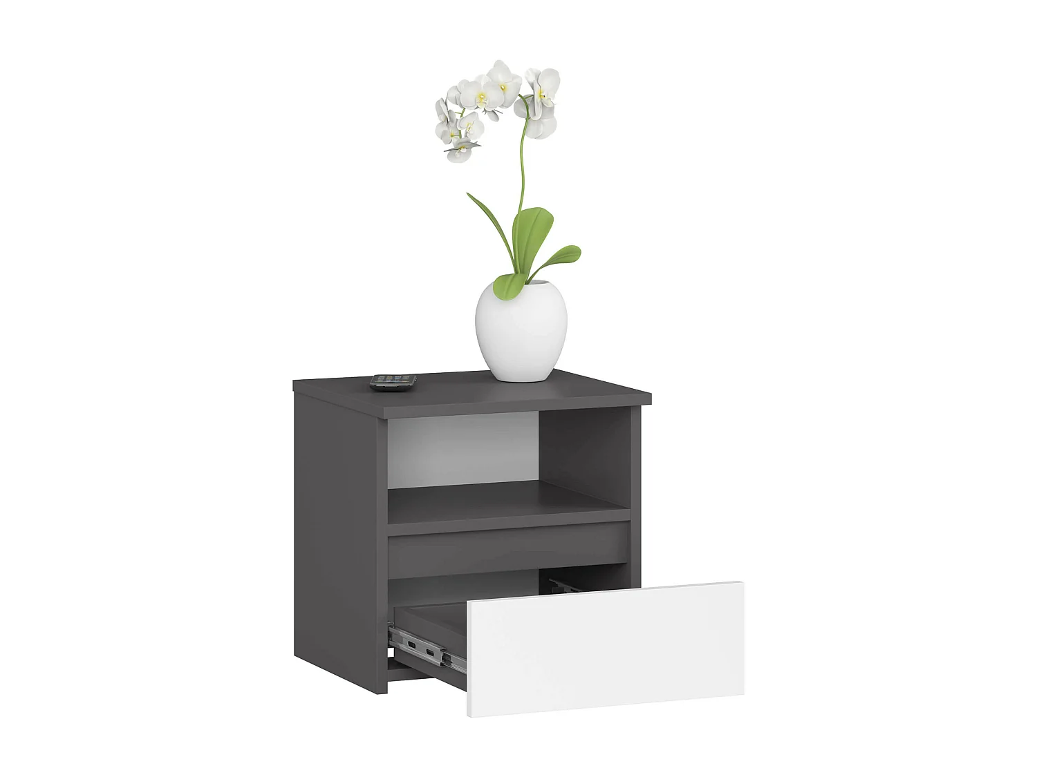 Nachttisch in minimalistischer Optik AKORD CL1 in der Farbe Graphitgrau Schublade Front Weiß B40 x H40 x T35 cm