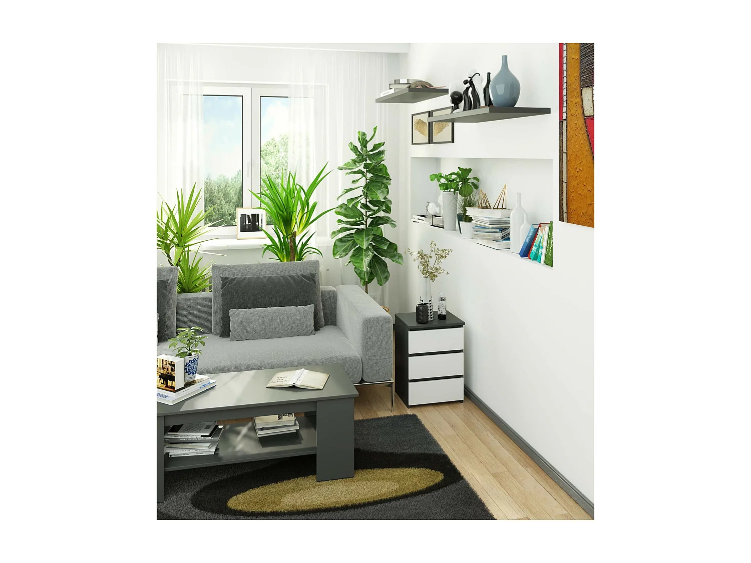 Nachttisch in minimalistischer Optik AKORD CL3 in der Farbe Graphitgrau mit 3 Schubladen Front Weiß B40 x H57 x T35 cm