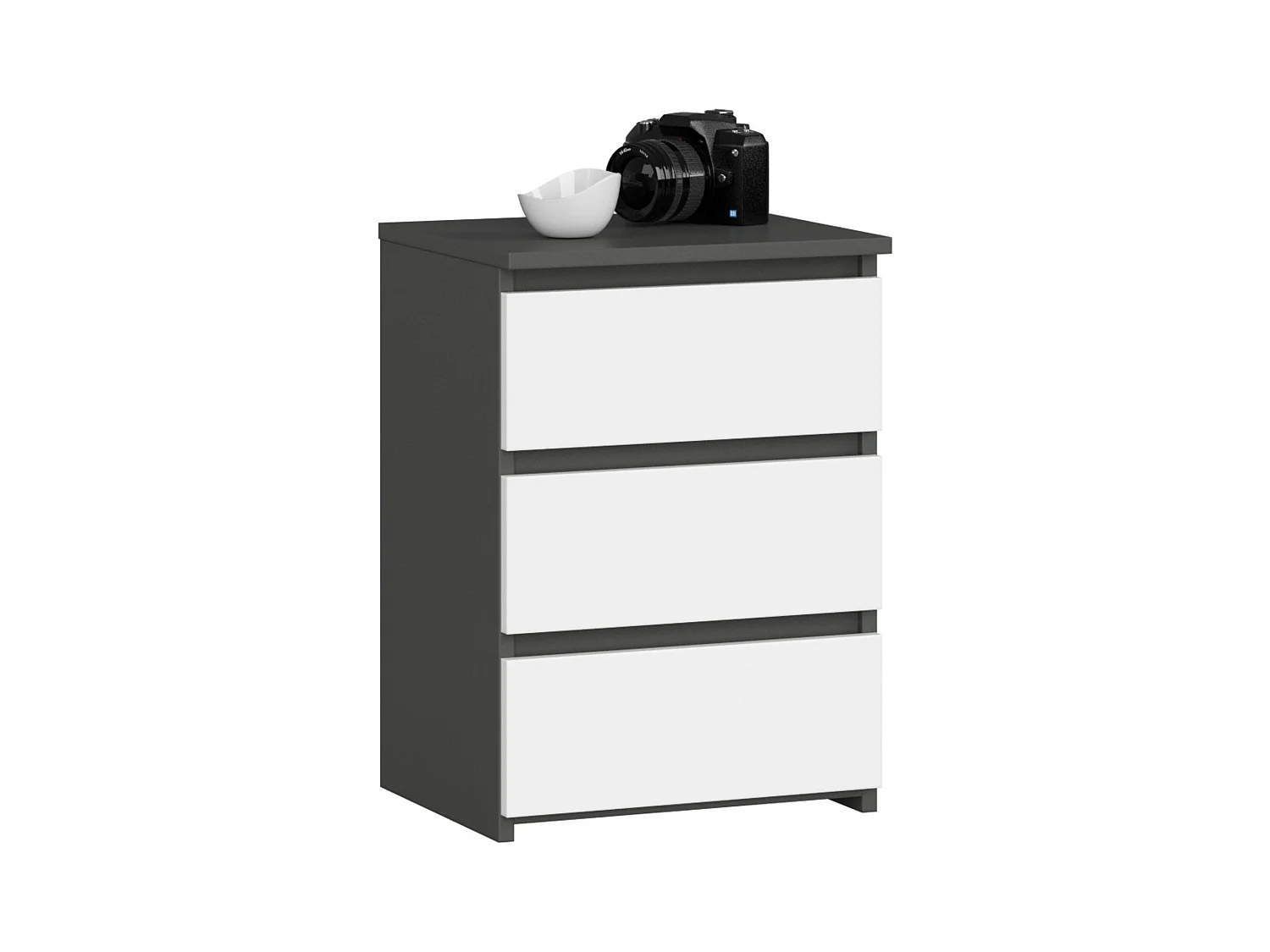 Table de chevet AKORD CL3 Gris Graphite 40 cm 3 tiroirs façade Blanche 40x35x57 cm