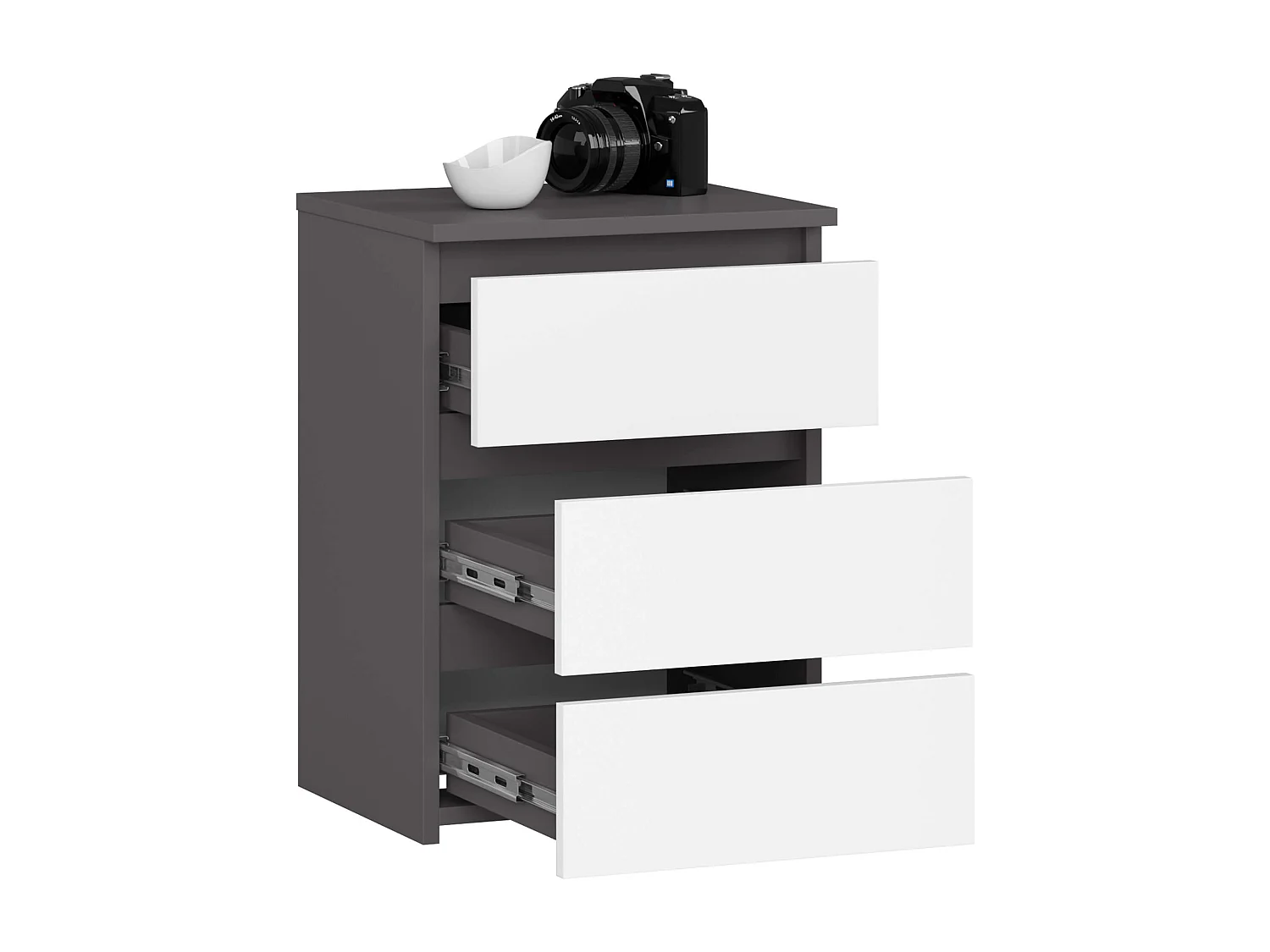 Table de chevet AKORD CL3 Gris Graphite 40 cm 3 tiroirs façade Blanche 40x35x57 cm