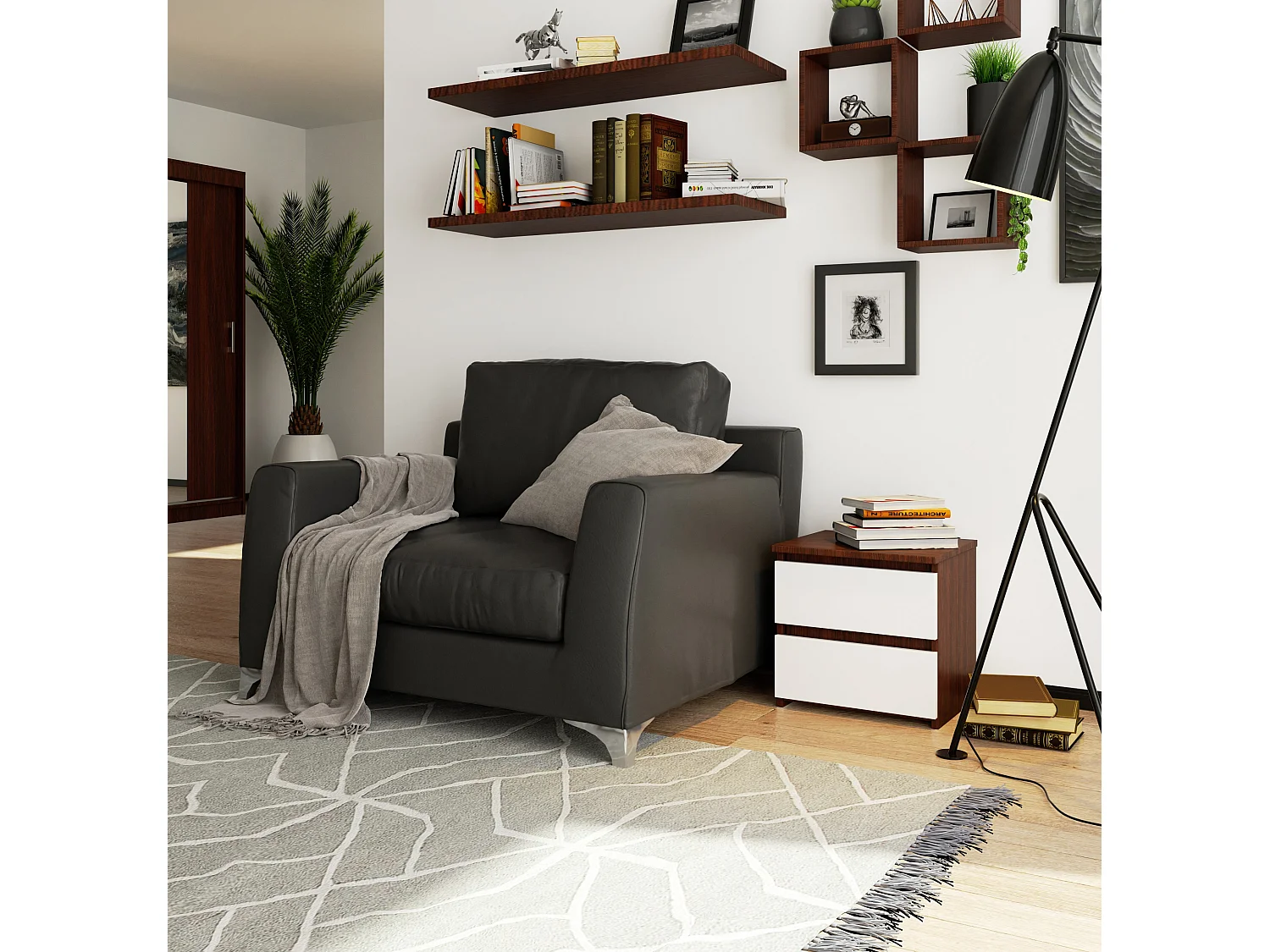 Table de chevet AKORD CL2 Wengé 40 cm 2 tiroirs façade Blanche 40x35x40 cm