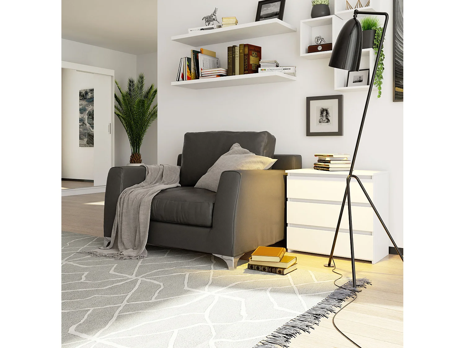 Nachttisch in minimalistischer Optik AKORD CL3 in der Farbe Weiß mit 3 Schubladen B60 x H57 x T35 cm