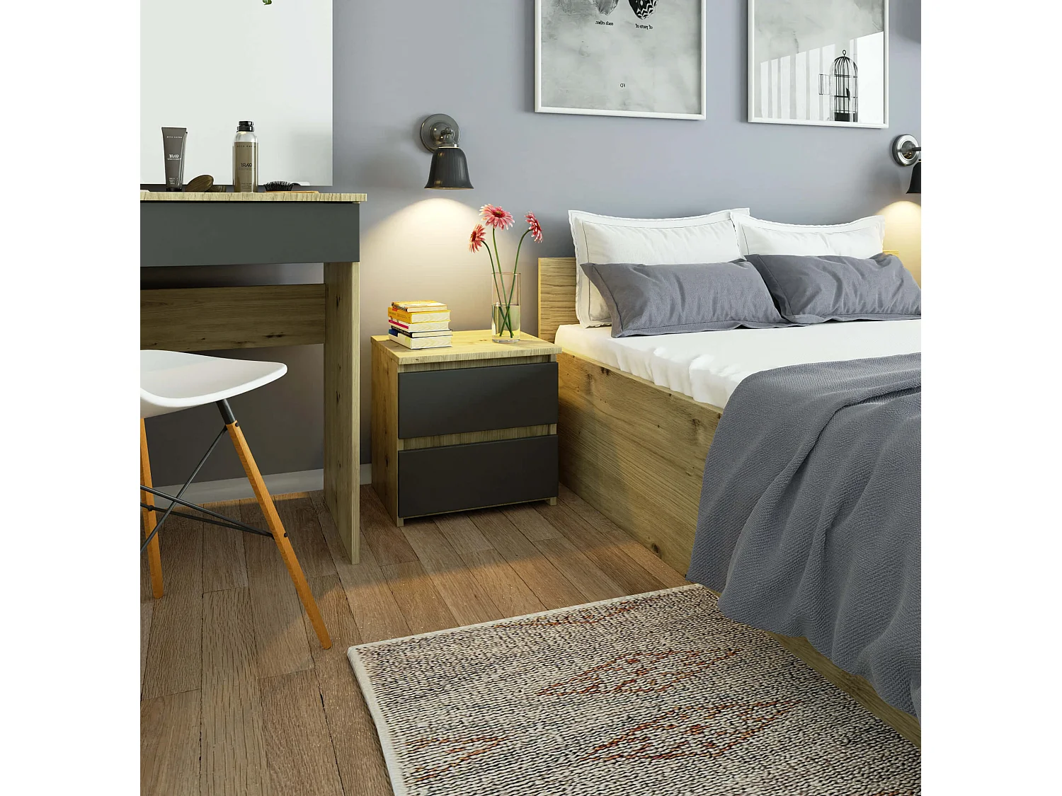 Nachtkastje CL2 met 2 Lades / AKORD Furniture Factory / Artisan Eik - Grafietgrijs / 40 x 40 x 35 cm