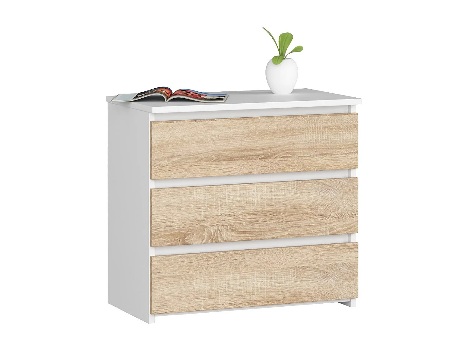 Nachttisch in minimalistischer Optik AKORD CL3 in der Farbe Weiß mit 3 Schubladen Front Sonoma-Eiche B60 x H57 x T35 cm
