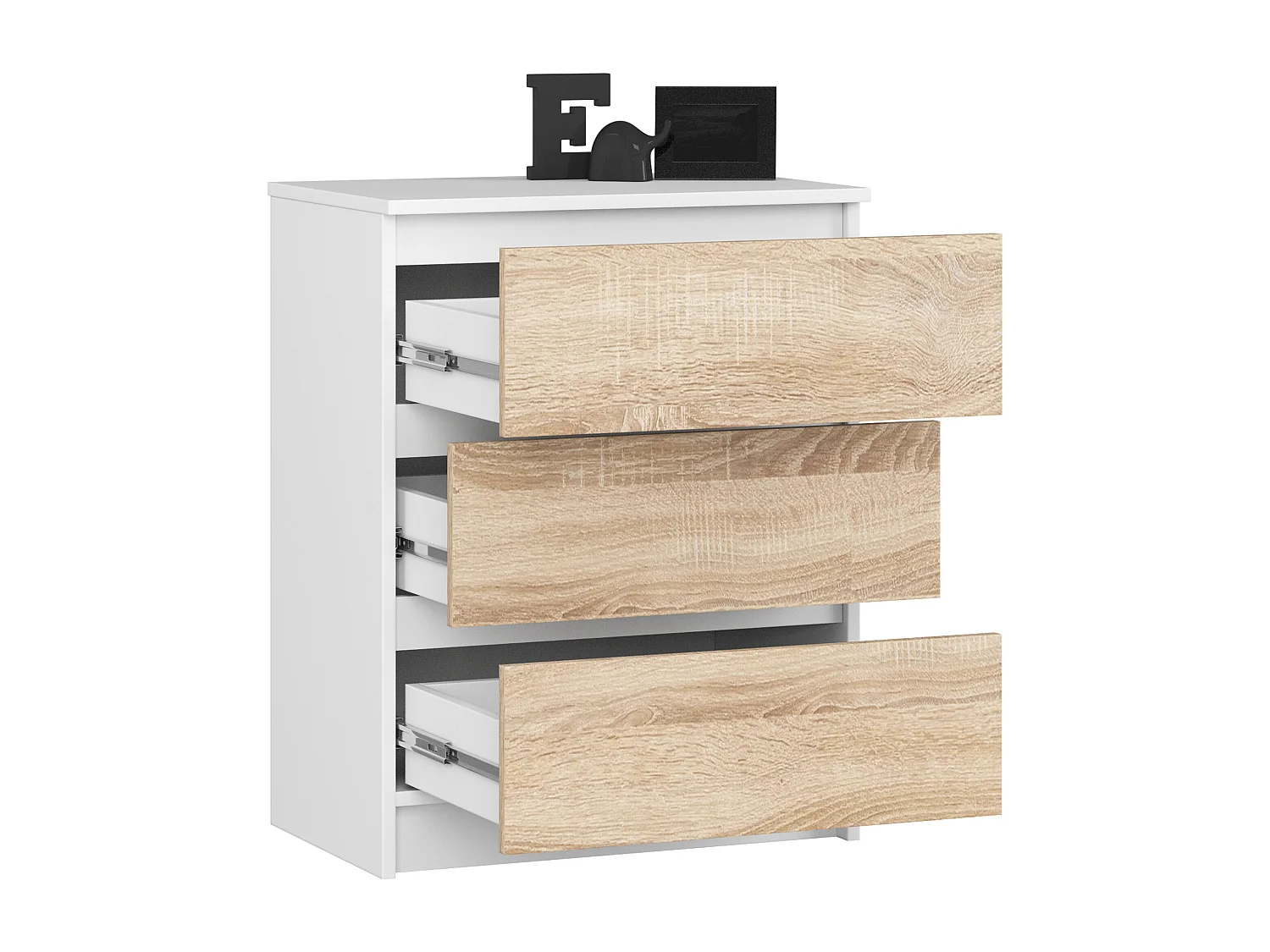 Nachttisch in minimalistischer Optik AKORD CL3 in der Farbe Weiß mit 3 Schubladen Front Sonoma-Eiche B60 x H57 x T35 cm
