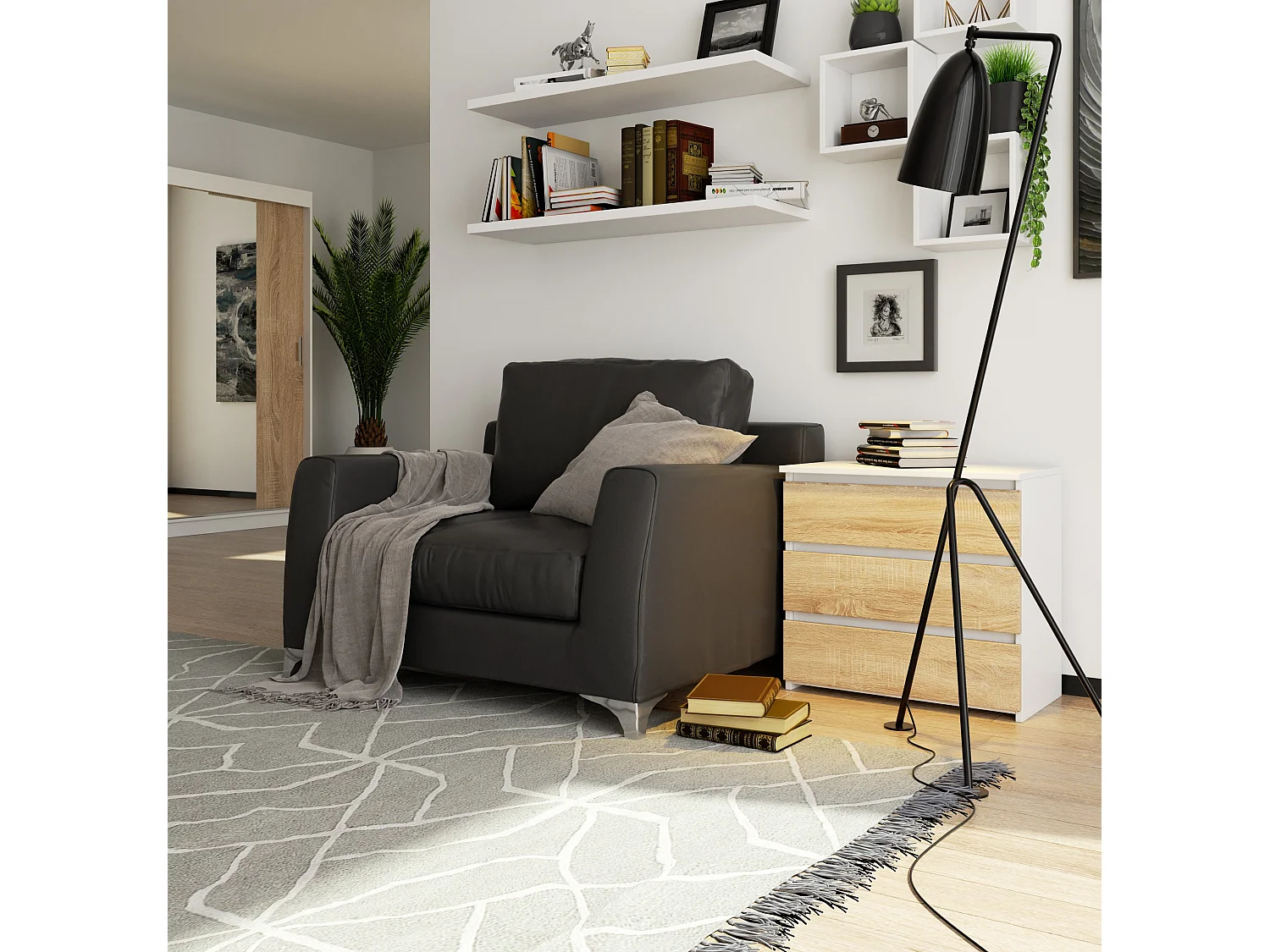 Nachttisch in minimalistischer Optik AKORD CL3 in der Farbe Weiß mit 3 Schubladen Front Sonoma-Eiche B60 x H57 x T35 cm