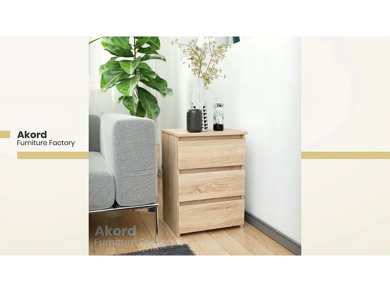 Mesita de noche AKORD CL3 Blanco 40 cm 3 cajones frente en color Roble Sonoma 40x35x57 cm