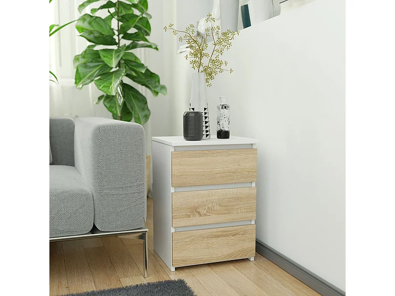 Nachtkastje CL3/40 met 3 Lades / AKORD Furniture Factory / Wit – Sonoma Eik / 40 x 57 x 35 cm
