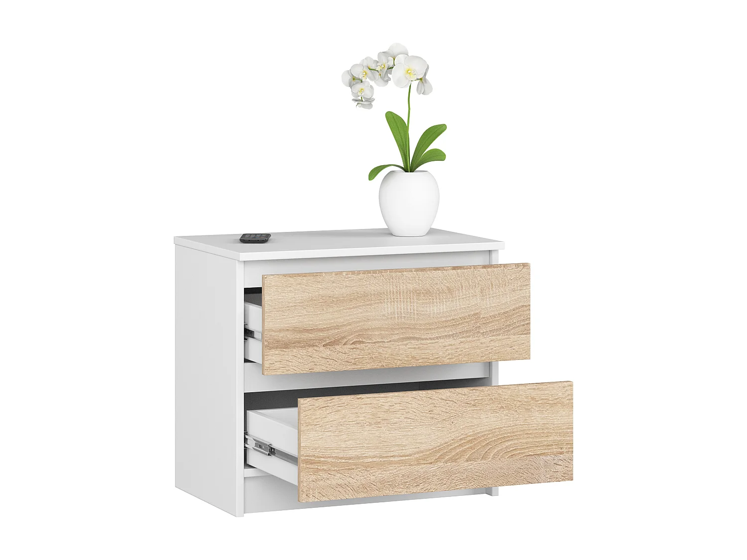 Mesita de noche AKORD K60 Blanco 60 cm 2 cajones frente en color Roble Sonoma 60x40x55 cm