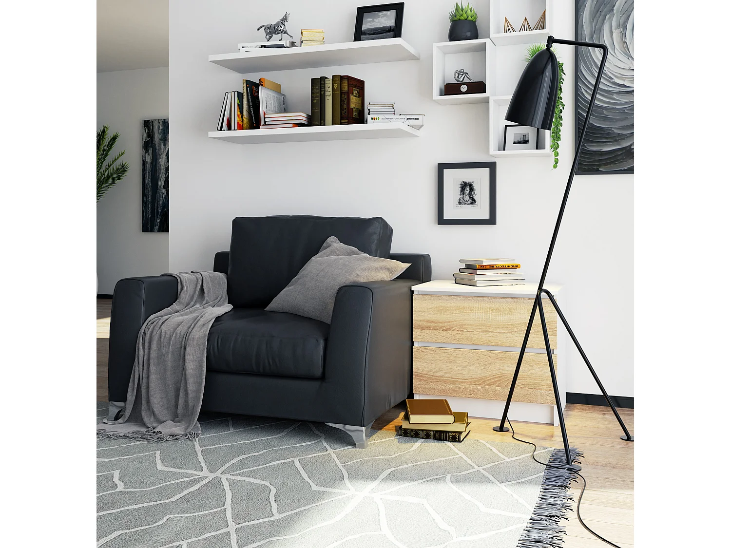 Mesita de noche AKORD K60 Blanco 60 cm 2 cajones frente en color Roble Sonoma 60x40x55 cm