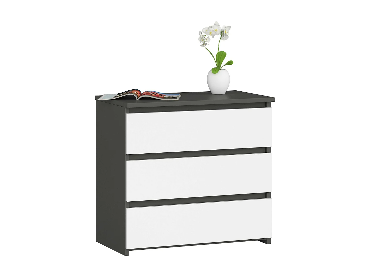 Grafietgrijze Nachtkast met 3 Lades - B60xH57xD35 cm - Zelfmontage - ABS Afwerking - Mat Witte Fronten